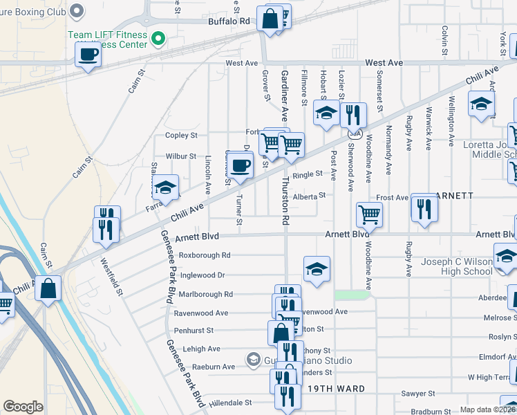 map of restaurants, bars, coffee shops, grocery stores, and more near 56 Chili Terrace in Rochester