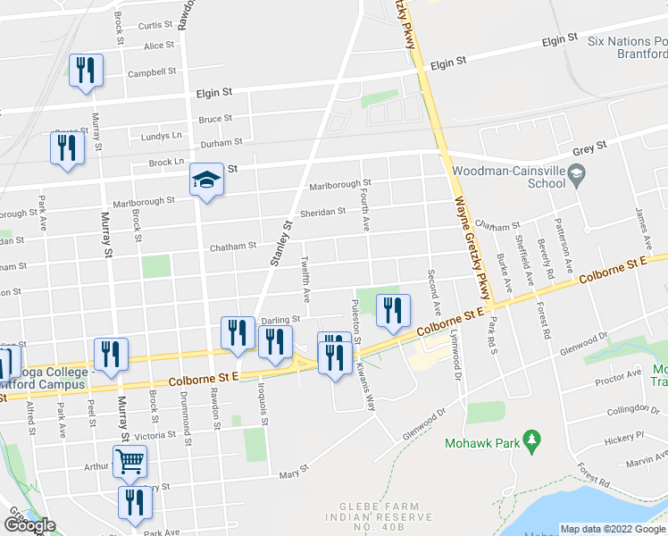 map of restaurants, bars, coffee shops, grocery stores, and more near 373 Nelson Street in Brantford