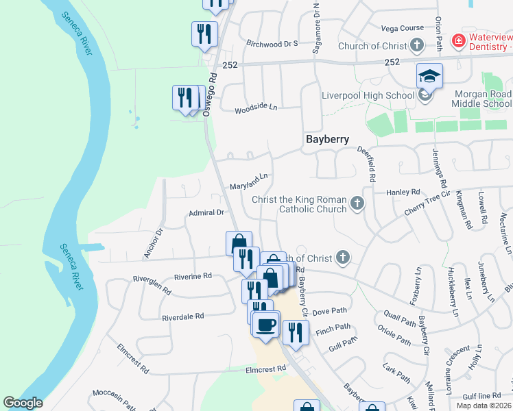 map of restaurants, bars, coffee shops, grocery stores, and more near 6 Alder Lane in Liverpool