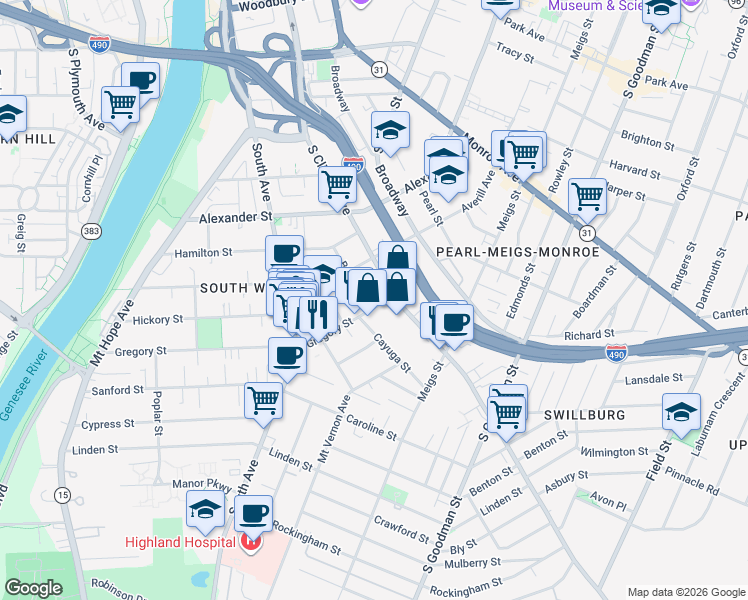map of restaurants, bars, coffee shops, grocery stores, and more near 416 Gregory Street in Rochester
