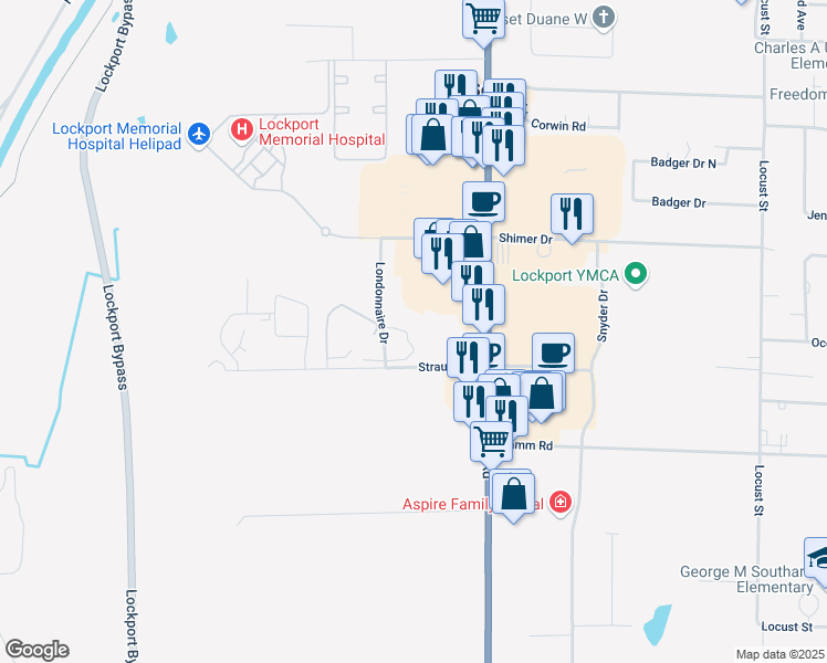 map of restaurants, bars, coffee shops, grocery stores, and more near 5703 Oxford Lane in Lockport
