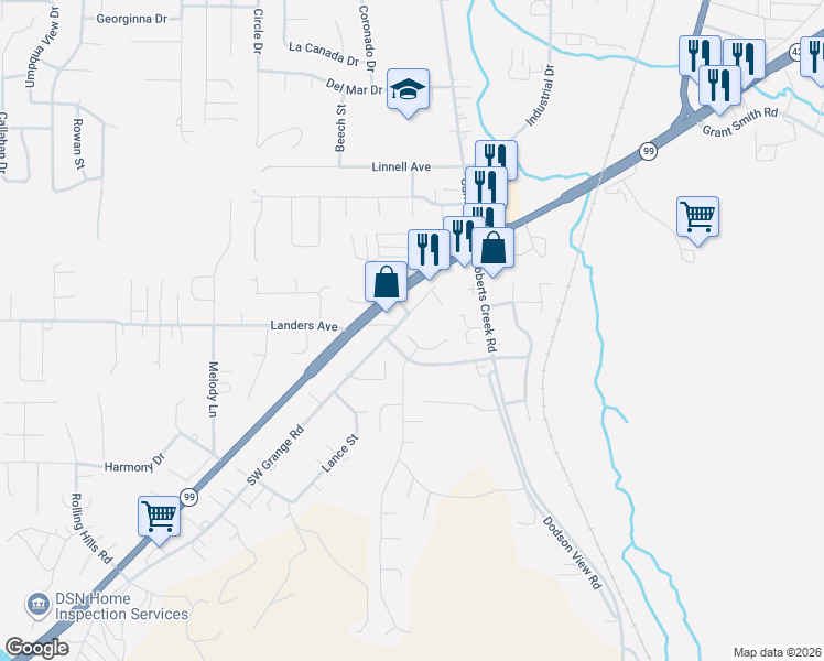 map of restaurants, bars, coffee shops, grocery stores, and more near 261 Braxton Court in Roseburg