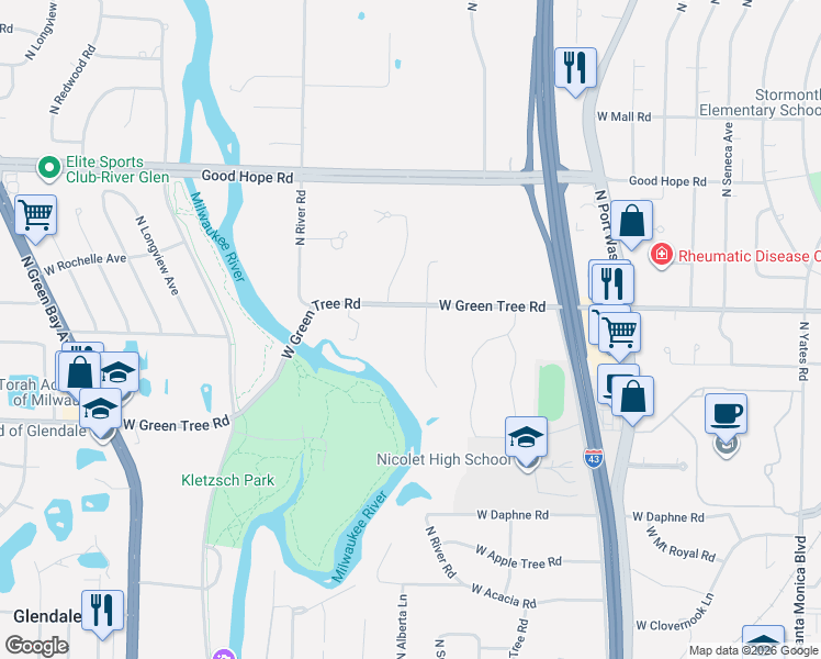 map of restaurants, bars, coffee shops, grocery stores, and more near 835 West Green Tree Road in River Hills