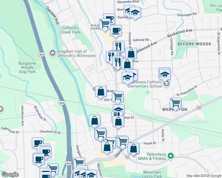 map of restaurants, bars, coffee shops, grocery stores, and more near in St. Catharines