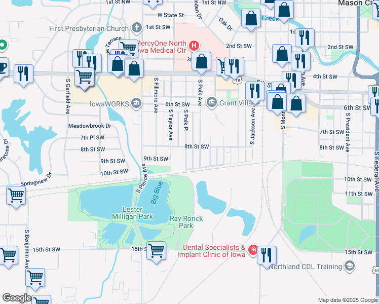 map of restaurants, bars, coffee shops, grocery stores, and more near 809 South Polk Place in Mason City