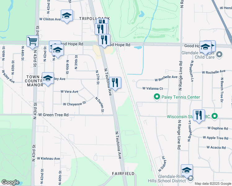 map of restaurants, bars, coffee shops, grocery stores, and more near 6918 North Teutonia Avenue in Milwaukee