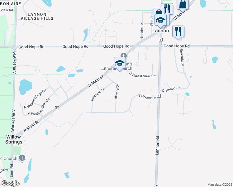 map of restaurants, bars, coffee shops, grocery stores, and more near Fillmore Drive in Menomonee Falls