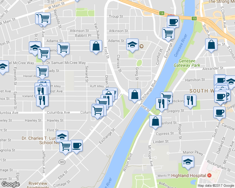 map of restaurants, bars, coffee shops, grocery stores, and more near 30 Coretta Scott Crossing in Rochester