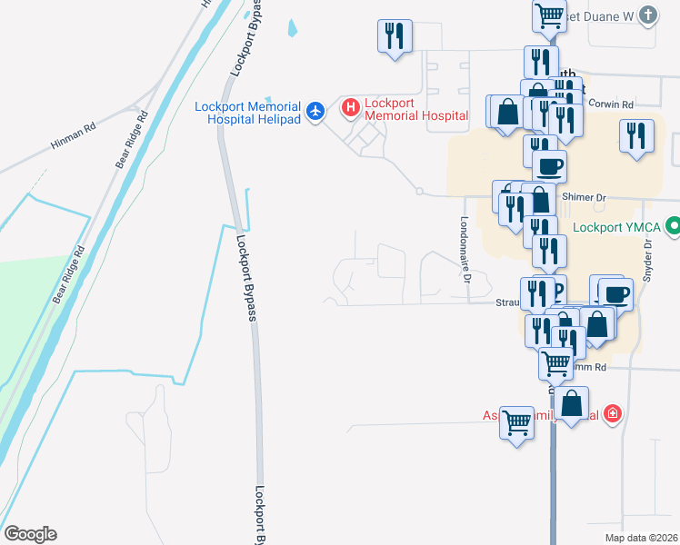 map of restaurants, bars, coffee shops, grocery stores, and more near 5770-5798 Sweetwood Drive in Lockport