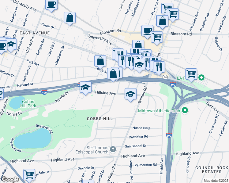 map of restaurants, bars, coffee shops, grocery stores, and more near 76 Cobbs Hill Drive in Rochester
