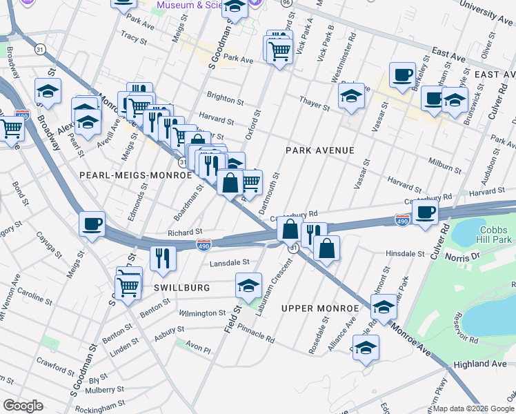 map of restaurants, bars, coffee shops, grocery stores, and more near in Rochester