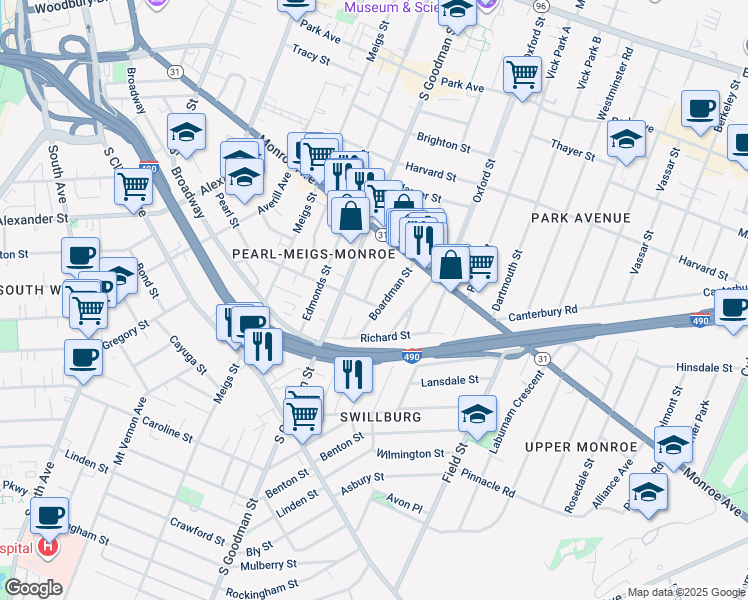 map of restaurants, bars, coffee shops, grocery stores, and more near 94 Boardman Street in Rochester