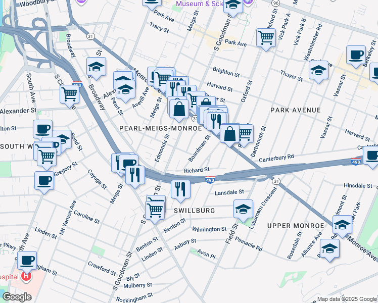 map of restaurants, bars, coffee shops, grocery stores, and more near 94 Boardman Street in Rochester