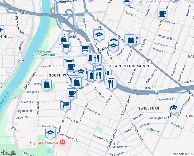 map of restaurants, bars, coffee shops, grocery stores, and more near 407 Gregory Street in Rochester