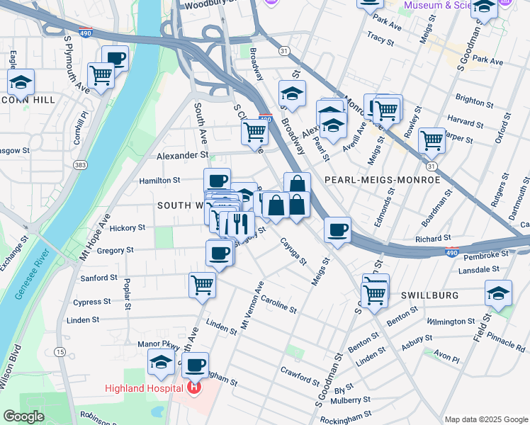 map of restaurants, bars, coffee shops, grocery stores, and more near 22 Whalin Street in Rochester