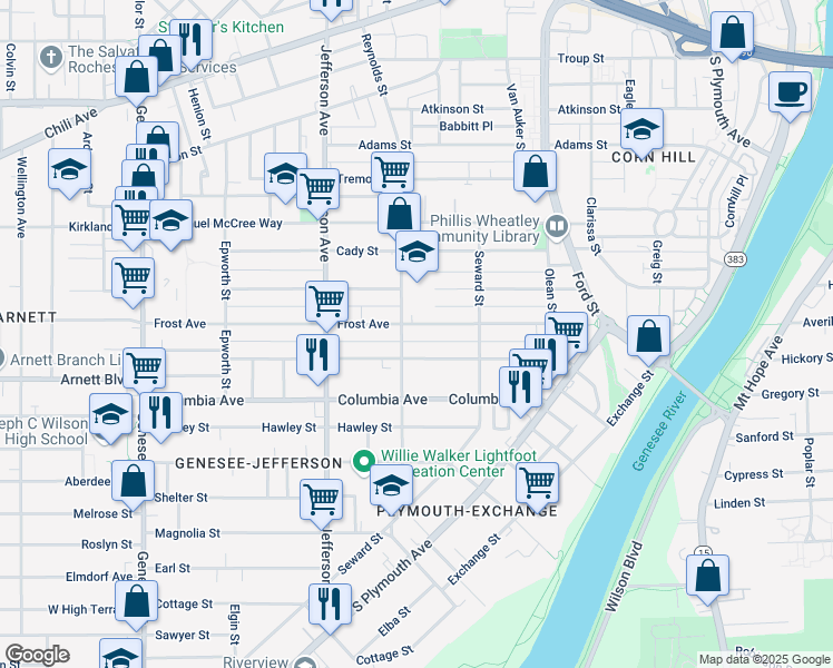 map of restaurants, bars, coffee shops, grocery stores, and more near 88 Bartlett Street in Rochester