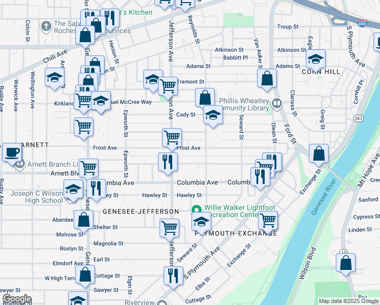 map of restaurants, bars, coffee shops, grocery stores, and more near 138 Bartlett Street in Rochester