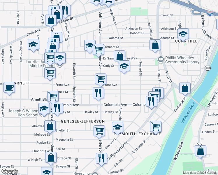 map of restaurants, bars, coffee shops, grocery stores, and more near 138 Bartlett Street in Rochester