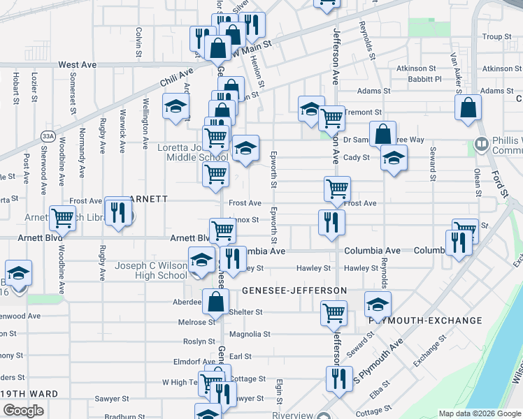 map of restaurants, bars, coffee shops, grocery stores, and more near 39 Lenox Street in Rochester