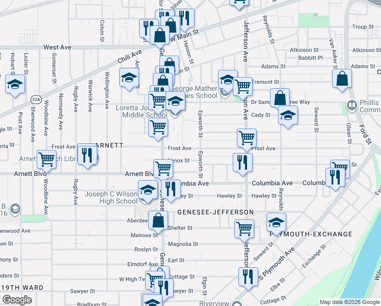 map of restaurants, bars, coffee shops, grocery stores, and more near 39 Lenox Street in Rochester