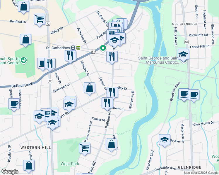 map of restaurants, bars, coffee shops, grocery stores, and more near 54 Pelham Road in St. Catharines