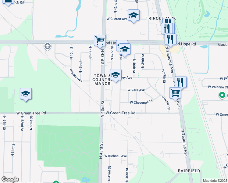 map of restaurants, bars, coffee shops, grocery stores, and more near 6877 North 42nd Street in Milwaukee