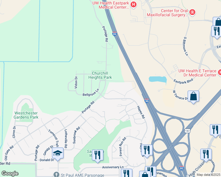 map of restaurants, bars, coffee shops, grocery stores, and more near 4199 Portage Road in Madison
