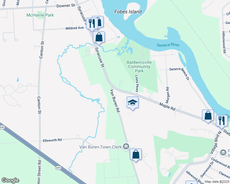 map of restaurants, bars, coffee shops, grocery stores, and more near 7708 Van Buren Road in Baldwinsville
