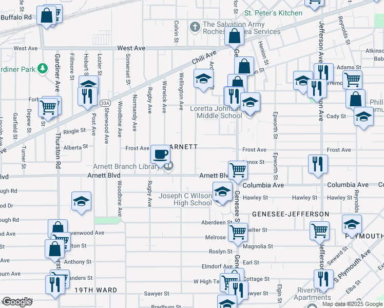 map of restaurants, bars, coffee shops, grocery stores, and more near 271 Kenwood Avenue in Rochester