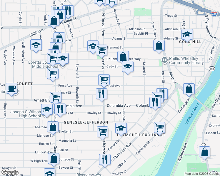 map of restaurants, bars, coffee shops, grocery stores, and more near 333 Frost Avenue in Rochester