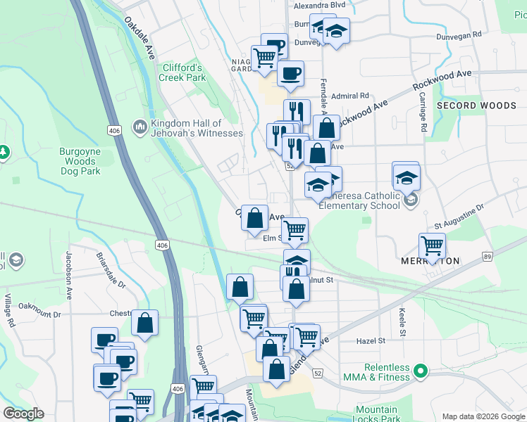 map of restaurants, bars, coffee shops, grocery stores, and more near 22 Oakdale Avenue in St. Catharines