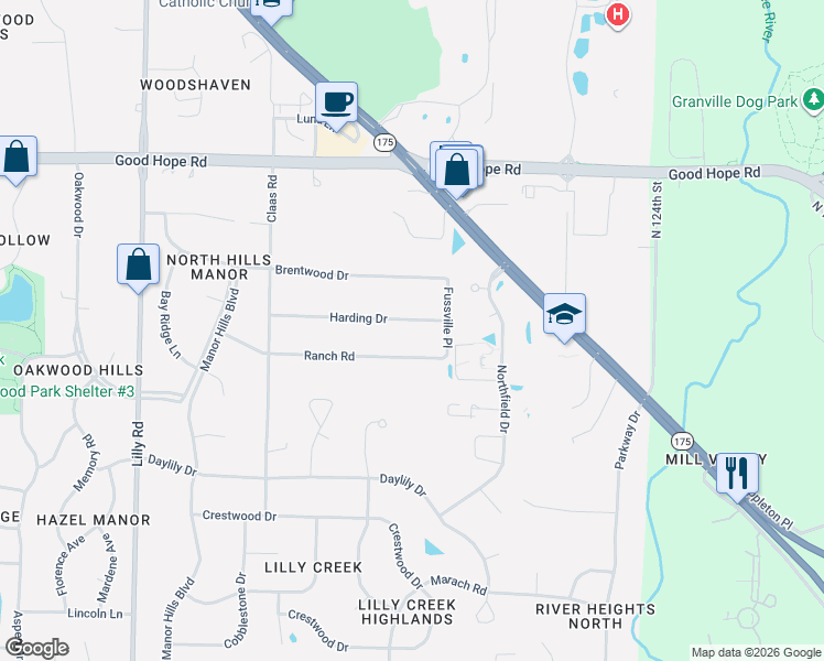 map of restaurants, bars, coffee shops, grocery stores, and more near N68W13130 Ranch Road in Menomonee Falls