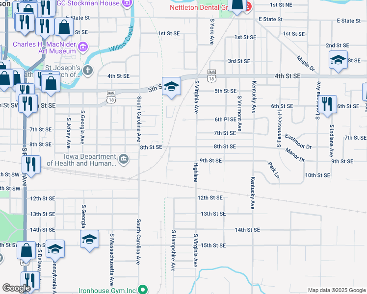 map of restaurants, bars, coffee shops, grocery stores, and more near 798 8th Street Southeast in Mason City