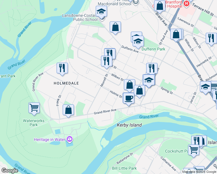 map of restaurants, bars, coffee shops, grocery stores, and more near in Brantford