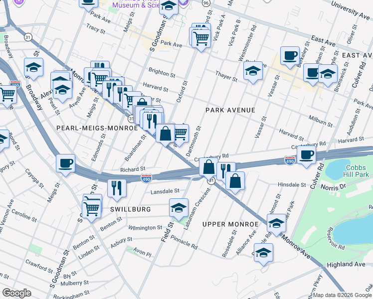 map of restaurants, bars, coffee shops, grocery stores, and more near in Rochester