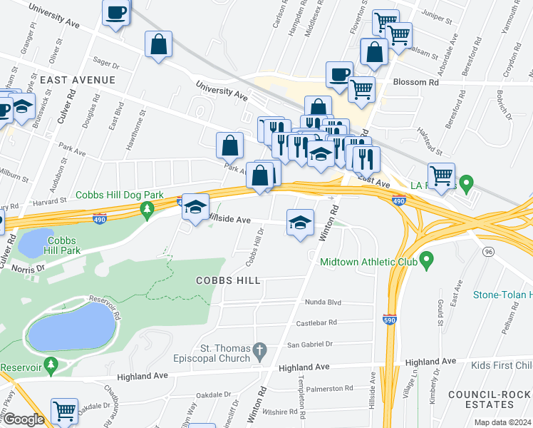 map of restaurants, bars, coffee shops, grocery stores, and more near 76 Cobbs Hill Drive in Rochester