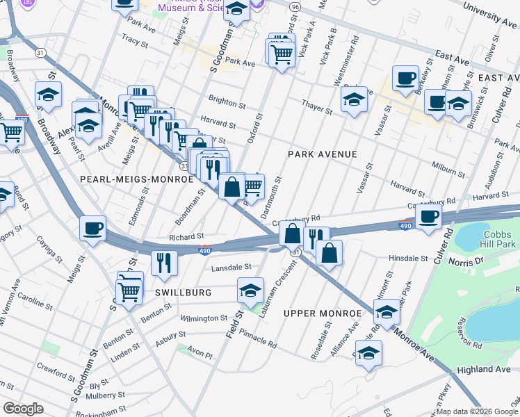 map of restaurants, bars, coffee shops, grocery stores, and more near in Rochester