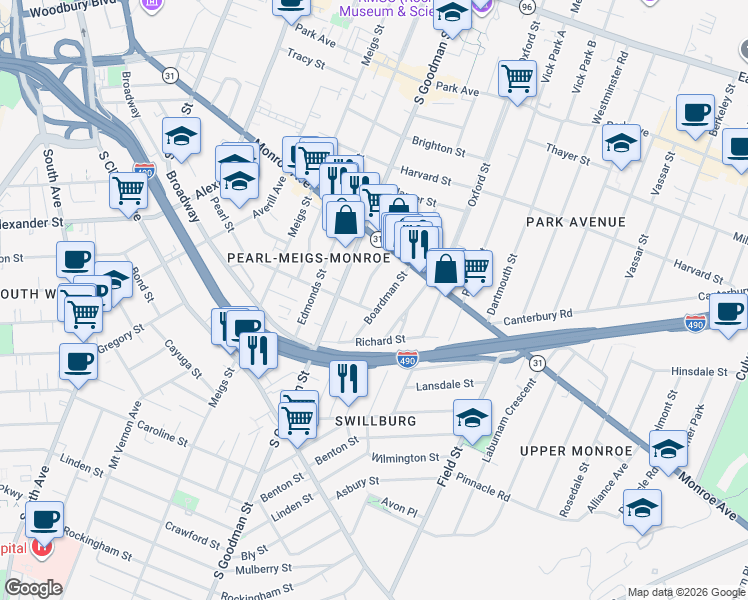 map of restaurants, bars, coffee shops, grocery stores, and more near 94 Boardman Street in Rochester