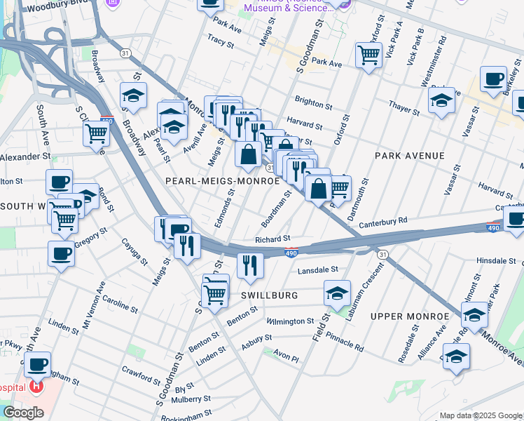 map of restaurants, bars, coffee shops, grocery stores, and more near 94 Boardman Street in Rochester