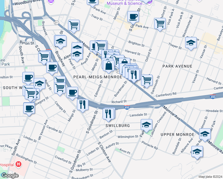 map of restaurants, bars, coffee shops, grocery stores, and more near 29 Rising Place in Rochester