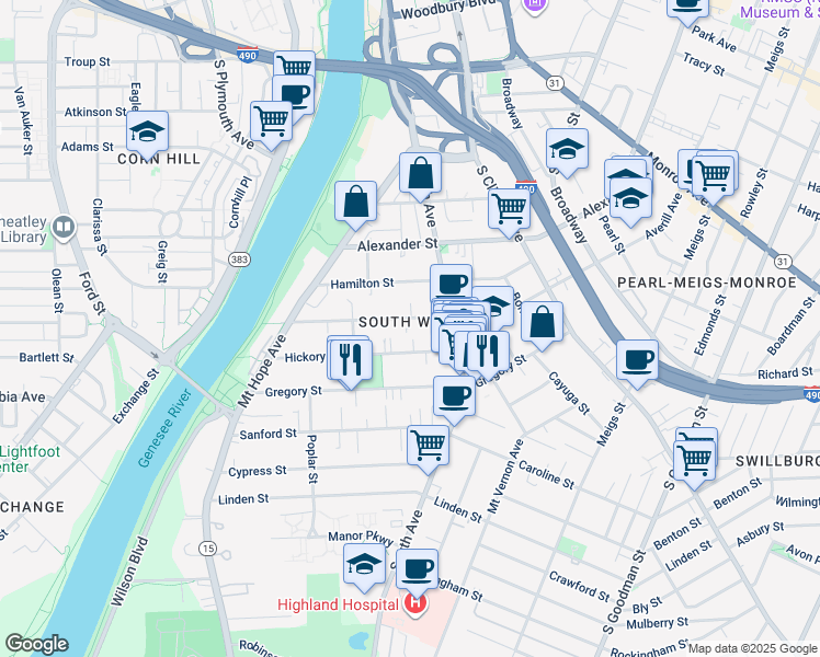 map of restaurants, bars, coffee shops, grocery stores, and more near 78 Hickory Street in Rochester