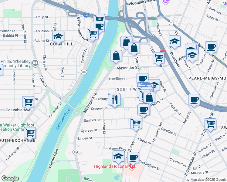 map of restaurants, bars, coffee shops, grocery stores, and more near in Rochester