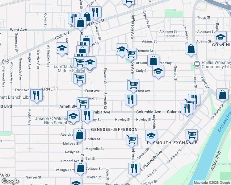 map of restaurants, bars, coffee shops, grocery stores, and more near 184 Bartlett Street in Rochester