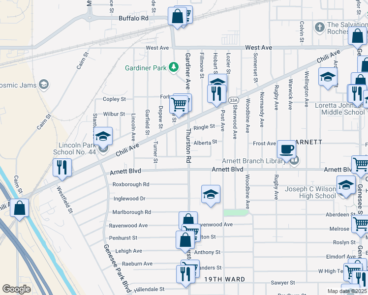 map of restaurants, bars, coffee shops, grocery stores, and more near 31 Devonshire Court in Rochester