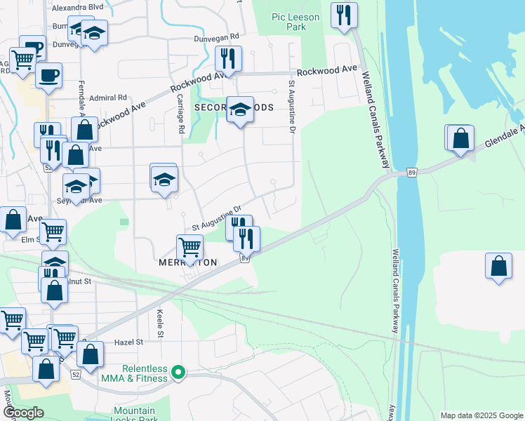 map of restaurants, bars, coffee shops, grocery stores, and more near 114 Saint Augustine Drive in St. Catharines