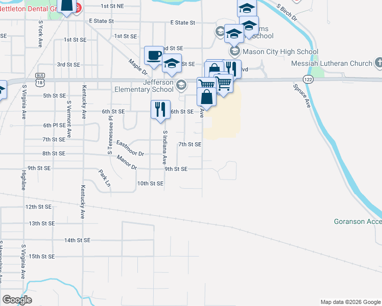 map of restaurants, bars, coffee shops, grocery stores, and more near 6 Regency Lane in Mason City