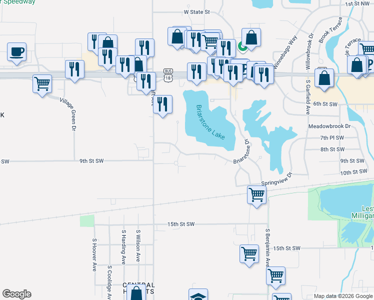 map of restaurants, bars, coffee shops, grocery stores, and more near Lakemore Road in Mason City