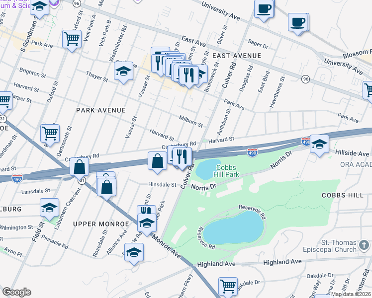 map of restaurants, bars, coffee shops, grocery stores, and more near 158 Culver Road in Rochester
