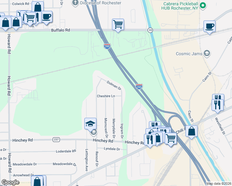 map of restaurants, bars, coffee shops, grocery stores, and more near 7 Cheshire Lane in Rochester