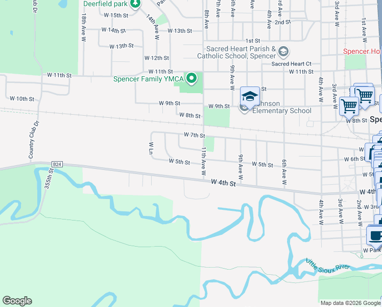 map of restaurants, bars, coffee shops, grocery stores, and more near 1124 W 5th St in Spencer